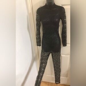 Fitted sexy all lace black mockneck zip up‎ catsuit jumpsuit size medium new